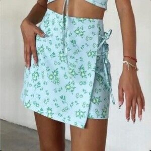 Zara Linen Blend Floral Wrap Skort Light Blue Ditsy Print Small NWT